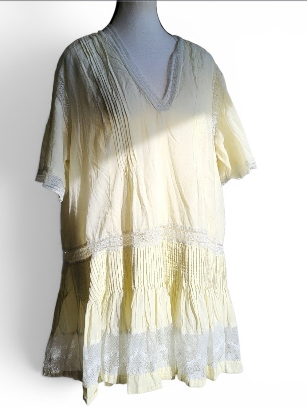 Maeve Short Sleeve Pale Yellow Cotton V-Neck Pintuck Swing Tunic Dress Page Sz L - Picture 9 of 15